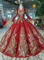 Red Ball Gown Sequins V-neck Long Sleeve Gold Sequins Appliques Wedding Dress