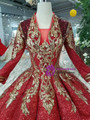 Red Ball Gown Sequins V-neck Long Sleeve Gold Sequins Appliques Wedding Dress