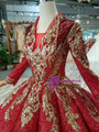 Red Ball Gown Sequins V-neck Long Sleeve Gold Sequins Appliques Wedding Dress