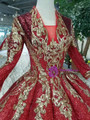 Red Ball Gown Sequins V-neck Long Sleeve Gold Sequins Appliques Wedding Dress