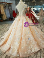 Champagne Ball Gown High Neck Backless Cap Sleeve Appliques Wedding Dress