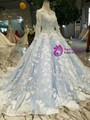 Blue Ball Gown Tulle Appliques Long Sleeve Wedding Dress With Beading