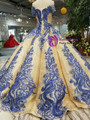 Fashionable Gold Sequins Blue Appliques Off The Shoulder Floor Length Wedding Dress