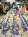 Gold Ball Gown Sequins Blue Appliques Off The Shoulder Wedding Dress