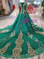 Green Ball Gown Sequins Gold Sequins Appliques Long Sleeve Wedding Dress