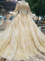 Champagne Ball Gown Lace Appliques Off The Shoulder Long Sleeve Wedding Dress