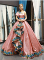 Pink Ball Gown Sequins Blue Embroidery Appliques One Shoulder Sweet 16 Prom Dress