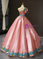 Pink Ball Gown Sequins Blue Embroidery Appliques One Shoulder Sweet 16 Prom Dress