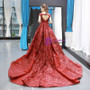 Burgundy Sequins Ball Gown Cap Sleeve Backless Prom Dress