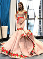 Pink Mermaid Lace Red Appliques Off The Shoulder Prom Dress With Sash