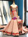 Pink Mermaid Lace Red Appliques Off The Shoulder Prom Dress With Sash