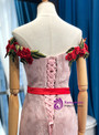 Pink Mermaid Lace Red Appliques Off The Shoulder Prom Dress With Sash