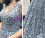 Gray Blue Ball Gown Tulle Appliques V-neck Backless Prom Dress