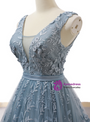 Gray Blue Ball Gown Tulle Appliques V-neck Backless Prom Dress