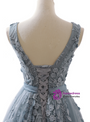 Gray Blue Ball Gown Tulle Appliques V-neck Backless Prom Dress