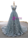 Gray Blue Ball Gown Tulle Appliques V-neck Backless Prom Dress