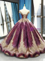 Purple Ball Gown Sequins Cap Sleeve Backless Sweet 16 Prom Dress