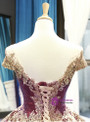 Purple Ball Gown Sequins Cap Sleeve Backless Sweet 16 Prom Dress