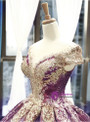 Purple Ball Gown Sequins Cap Sleeve Backless Sweet 16 Prom Dress
