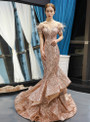 Glamorous Gold Mermaid Sequins Off The Shoulder Appliques Feather Prom Dress 