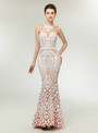 Amazing Champagne White Sequins Mermaid See Through Neck Prom Dress