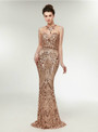Gold Sequins Mermaid Sleeveless See Through Long Prom Dress