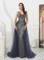 A-Line Gray Sheath Tulle V-neck Backless Prom Dress With Beading