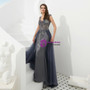 A-Line Gray Sheath Tulle V-neck Backless Prom Dress With Beading