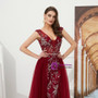 Burgundy Tulle V-neck Backless Prom Dress With Beading Crystal