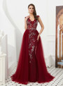 Burgundy Tulle V-neck Backless Prom Dress With Beading Crystal