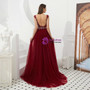 Burgundy Tulle V-neck Backless Prom Dress With Beading Crystal