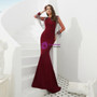 Simple Burgundy Mermaid Long Sleeve Satin Prom Dress With Beading
