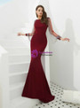 Simple Burgundy Mermaid Long Sleeve Satin Prom Dress With Beading