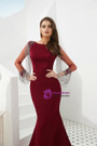 Simple Burgundy Mermaid Long Sleeve Satin Prom Dress With Beading