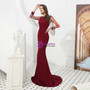 Simple Burgundy Mermaid Long Sleeve Satin Prom Dress With Beading