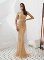 Brilliant Champagne Mermaid Tulle Sleeveless Prom Dress With Beading