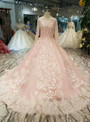 Shop 2019 Long & Short Pink Ball Gown Tulle Long Sleeve Lace Appliques Wedding Dress With Beading With Factory Price From Kemedress