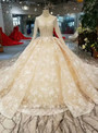 Shop 2019 Long & Short Champagne Ball Gown Lace V-neck Long Sleeve Appliques Wedding Dress With Beading With Factory Price From Kemedress