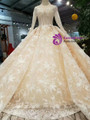 Shop 2019 Long & Short Champagne Ball Gown Lace V-neck Long Sleeve Appliques Wedding Dress With Beading With Factory Price From Kemedress