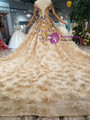 Shop 2019 Long & Short Champagne Gold Tulle Sequins Embroidery Off The Shoulder Wedding Dress With Long Train With Factory Price From Kemedress