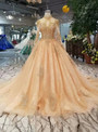 Shop 2019 Long & Short Champagne Tulle High Neck Long Sleeve Backless Weding Dress With Beading With Factory Price From Kemedress