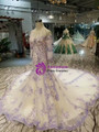 Shop 2019 Long & Short Champagne Mermaid Tulle Sequins Bateau 3/4 Sleeve Purple Appliques Wedding Dress With Factory Price From Kemedress