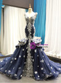 Shop 2019 Long & Short Navy Blue Mermaid Tulle Lace Appliques V-neck Backless Prom Dress With Factory Price From Kemedress