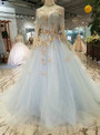 Shop 2019 Long & Short Blue Ball Gown Tulle High Neck Long Sleeve Appliques Wedding Dress With Factory Price From Kemedress