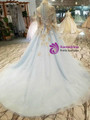 Shop 2019 Long & Short Blue Ball Gown Tulle High Neck Long Sleeve Appliques Wedding Dress With Factory Price From Kemedress