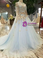 Shop 2019 Long & Short Blue Ball Gown Tulle High Neck Long Sleeve Appliques Wedding Dress With Factory Price From Kemedress