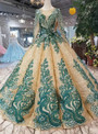 Shop 2019 Long & Short Gold Ball Gown Sequins Green Lace Appliques Long Sleeve Wedding Dress With Factory Price From Kemedress
