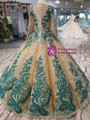 Shop 2019 Long & Short Gold Ball Gown Sequins Green Lace Appliques Long Sleeve Wedding Dress With Factory Price From Kemedress