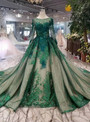 Shop 2019 Long & Short Green Ball Gown Tulle Sequins Bateau Long Sleeve Appliques Wedding Dress With Factory Price From Kemedress
