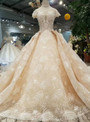 Shop 2019 Long & Short Champagne Ball Gown Lace High Neck Backless Cap Sleeve Wedding Dress With Beading With Factory Price From Kemedress